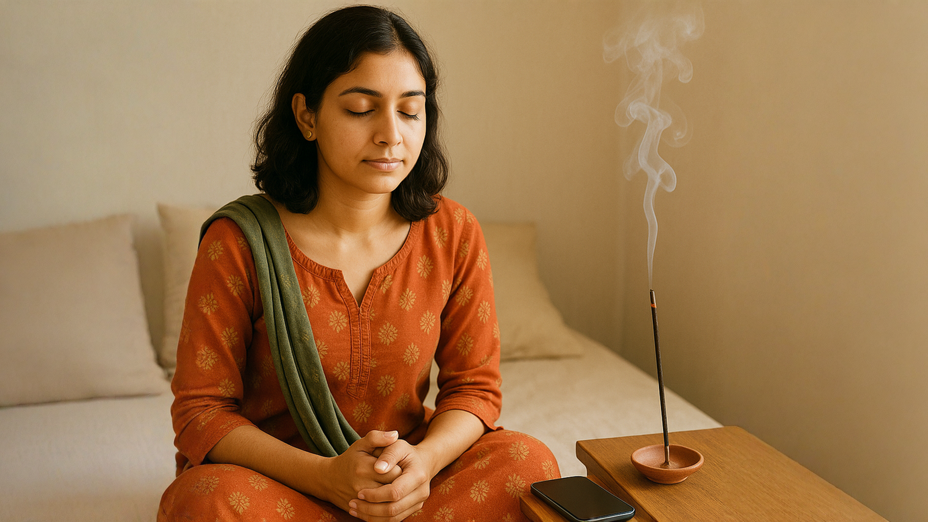 a woman sitting on a bed with her eyes closed avoiding doomscrolling by being mindful with Padmini Agarbatti